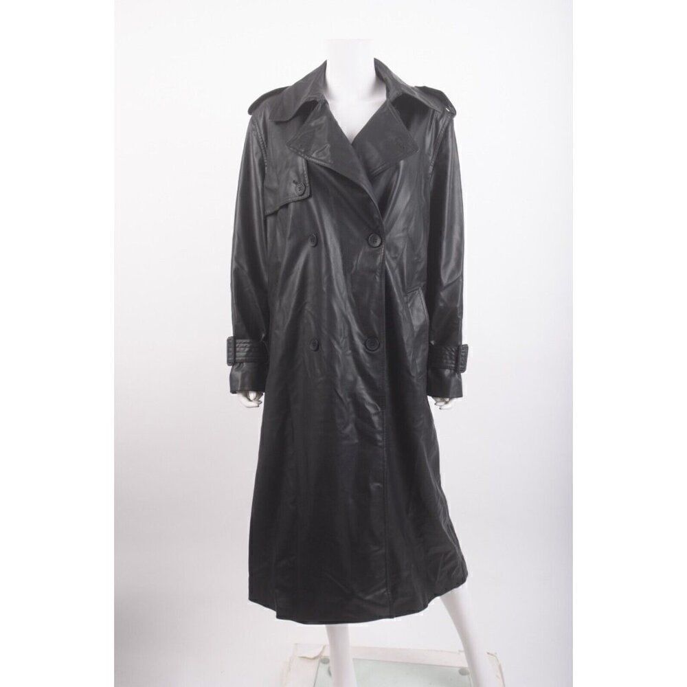 Zara Womens Trench Coat Jacket L Black Faux Leather Long 4369/041 NWOT no belt